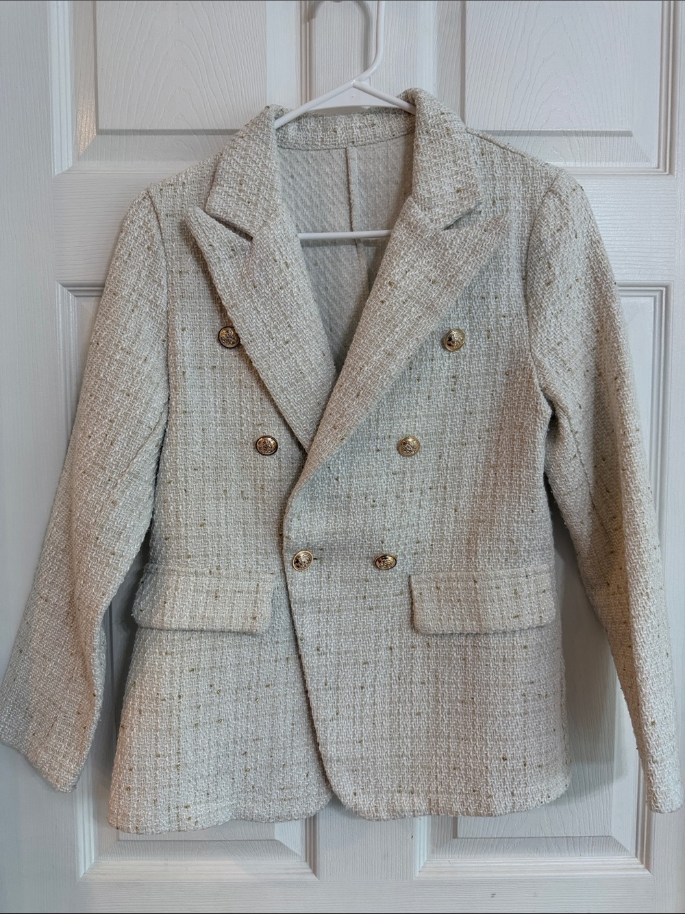 SHEIN Cream Tweed Double-Breasted Blazer